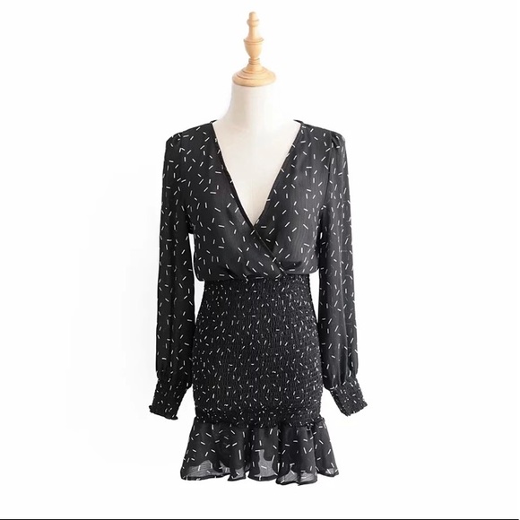 Black Confetti Long Sleeve Wrap Shirred Mini Dress - Picture 4 of 5